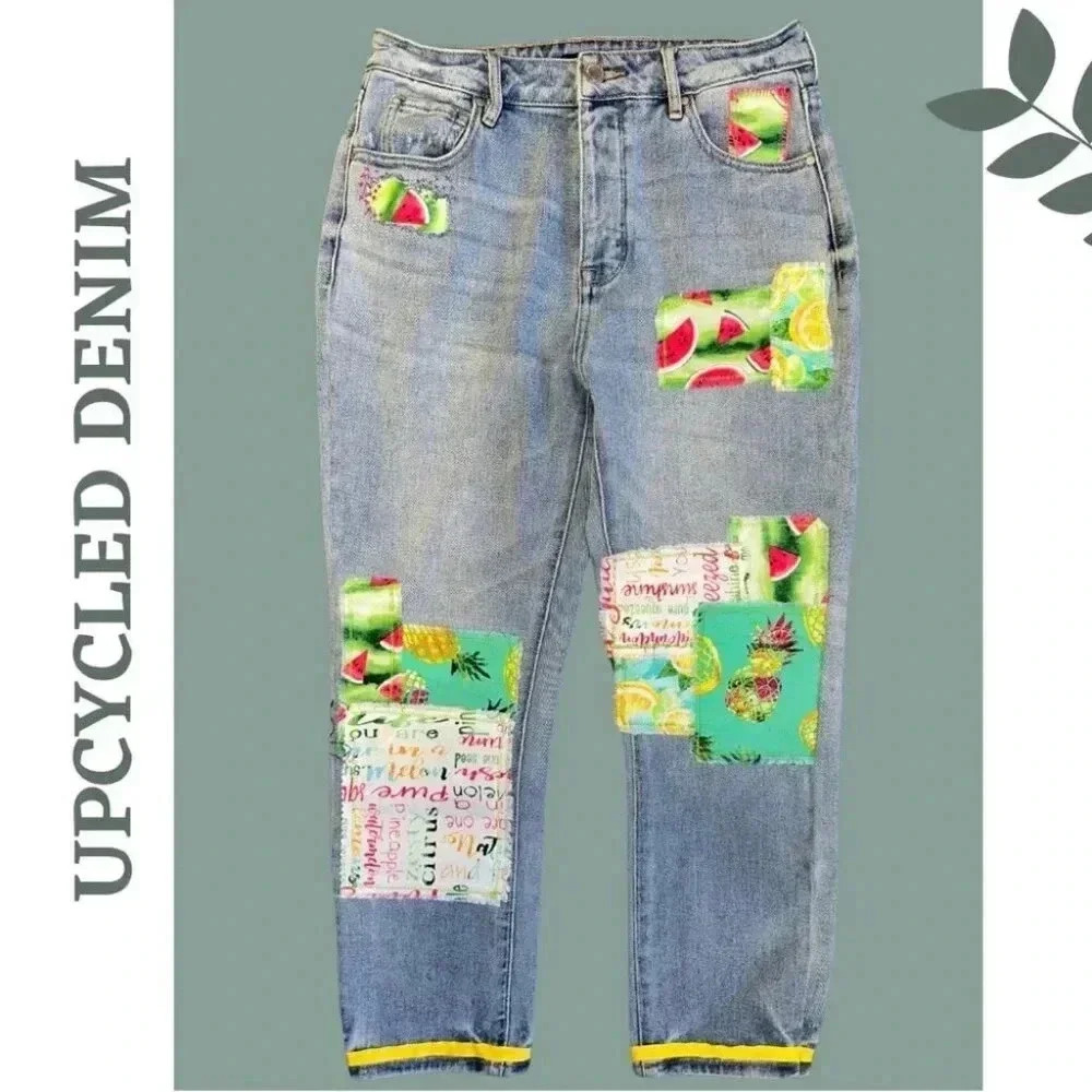 Upcycled High Rise Straight Leg Jeans Patchwork Ribbon Tropical Blue Size 26